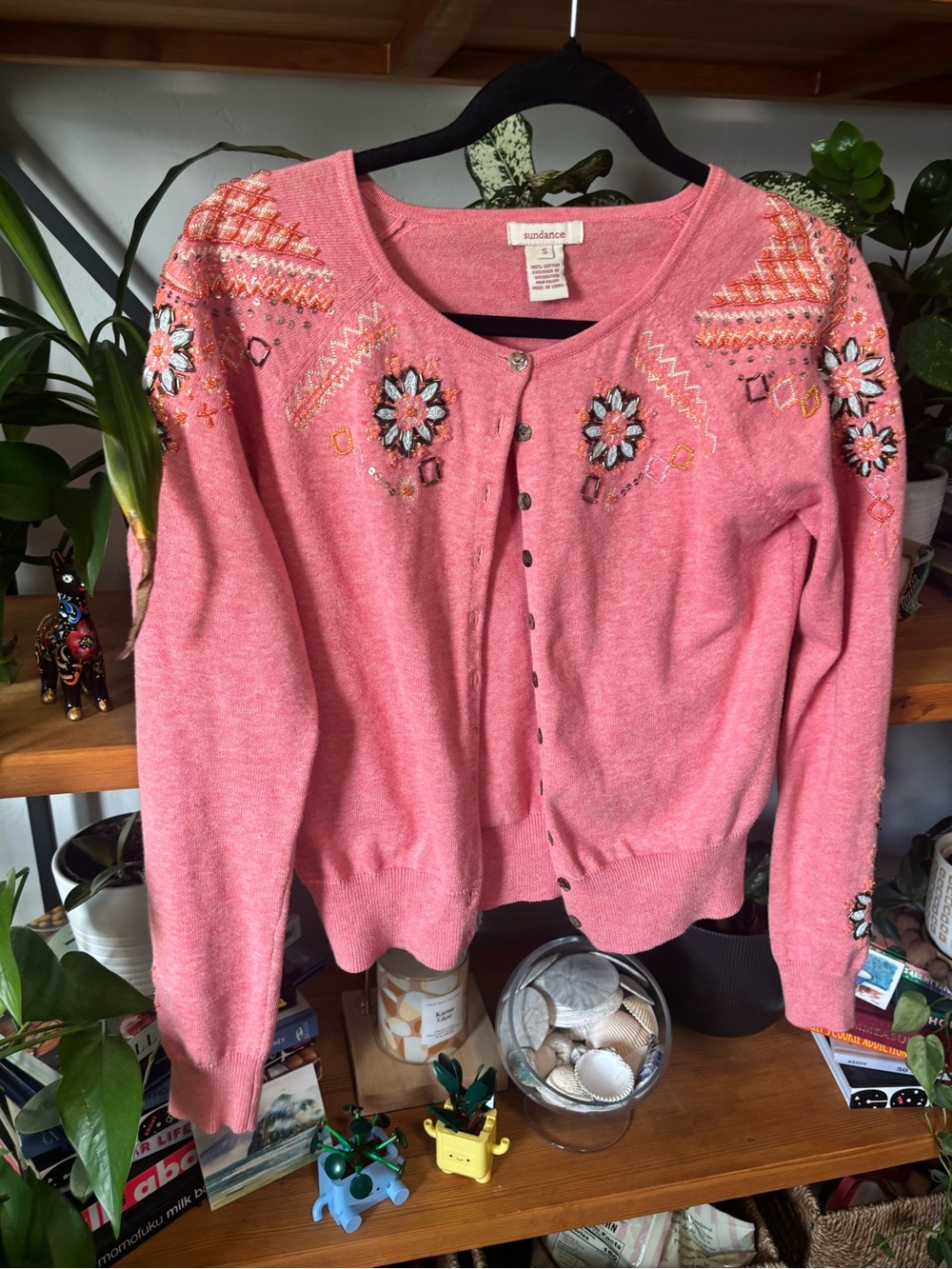 Sundance Coral Pink Floral Beaded Cardigan | Small